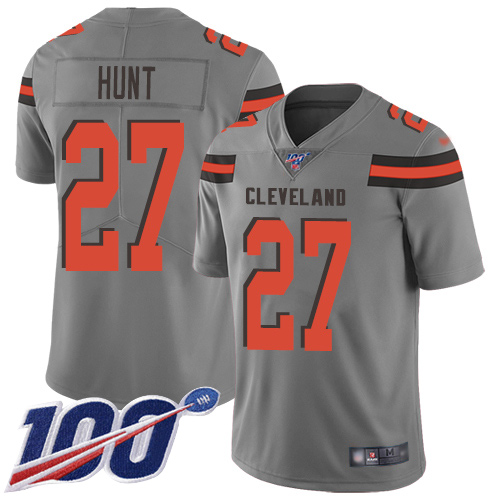 Cleveland Browns Kareem Hunt Men Gray Limited Jersey #27 NFL Football 100th Season Inverted Legend->cleveland browns->NFL Jersey